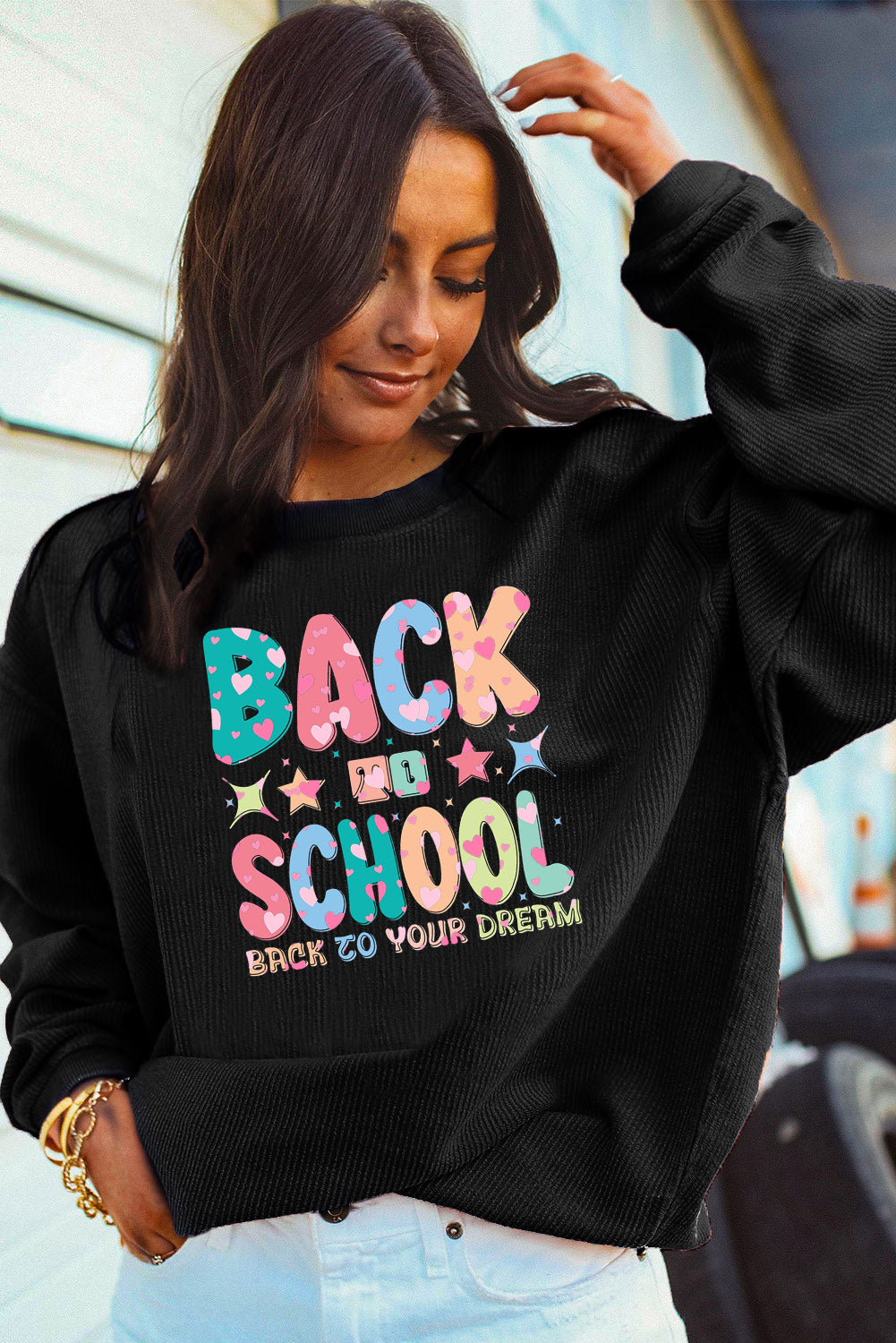Corduroy Look Back to School Graphic Oversized Sweatshirt