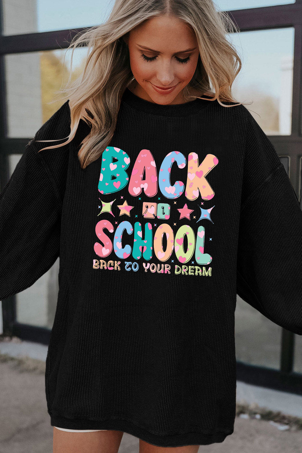 Corduroy Look Back to School Graphic Oversized Sweatshirt