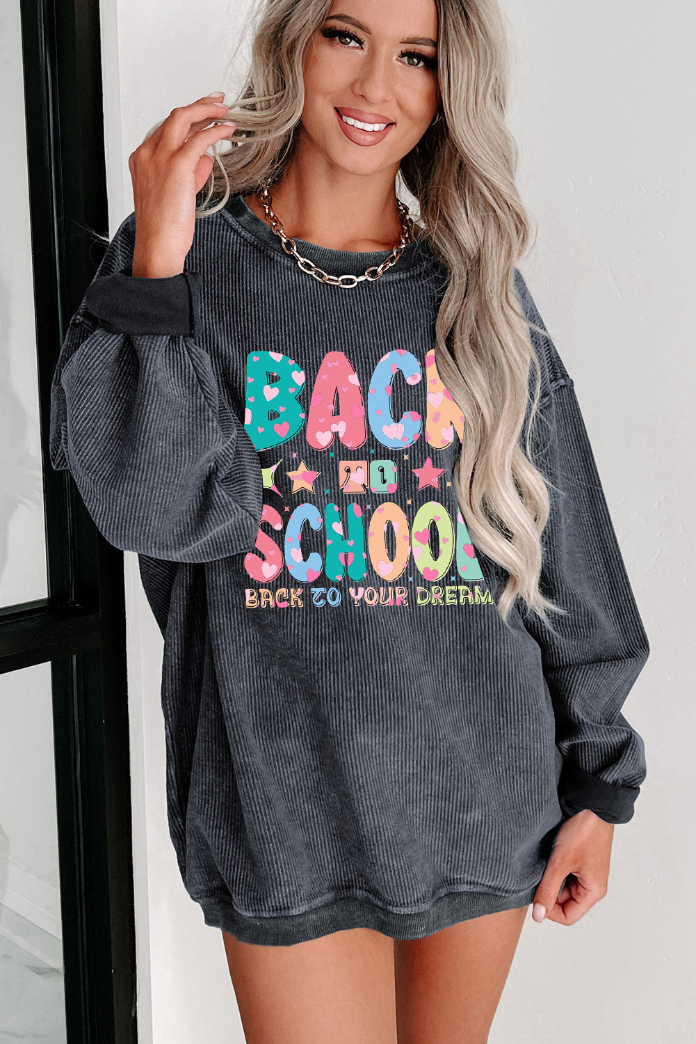Round Neck Ribbed Sweatshirt with School Graphic Print