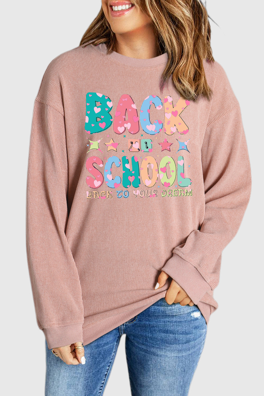 Round Neck Ribbed Sweatshirt with School Graphic Print