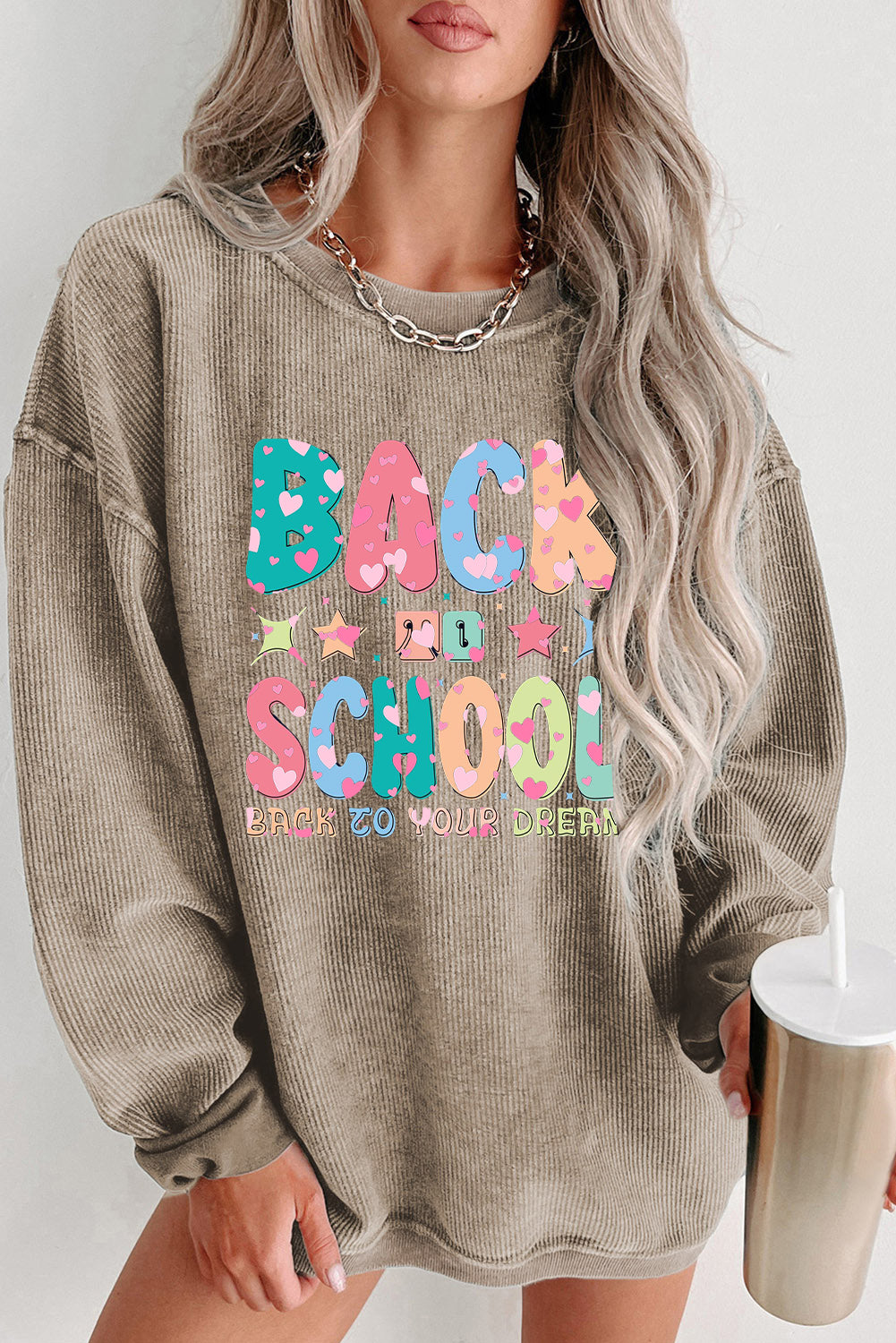 Round Neck Ribbed Sweatshirt with School Graphic Print