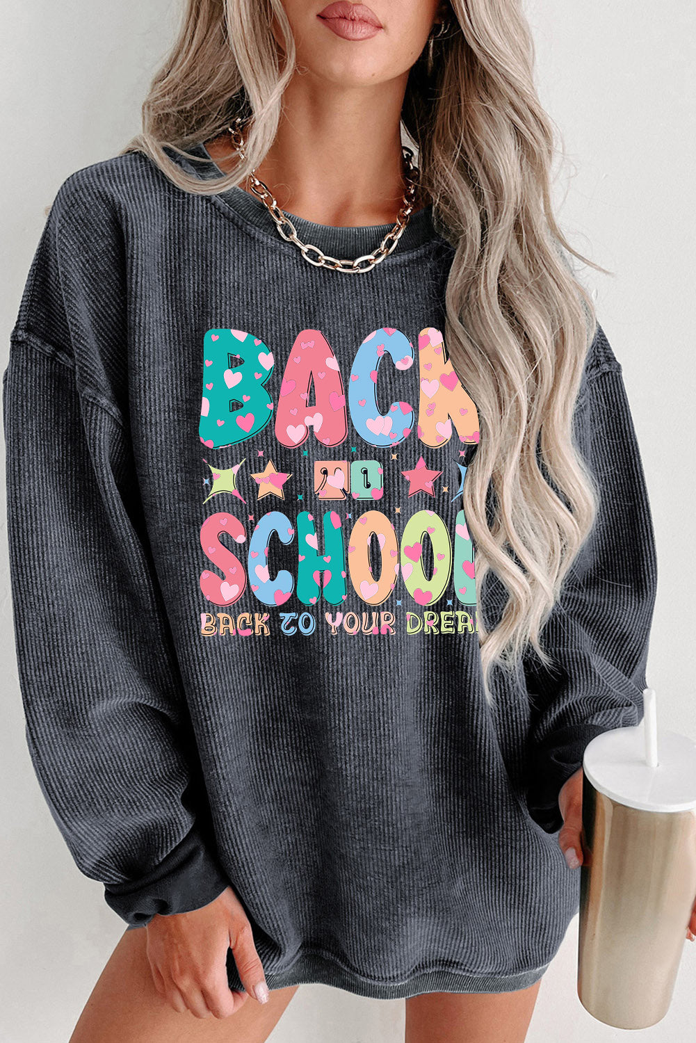Round Neck Ribbed Sweatshirt with School Graphic Print
