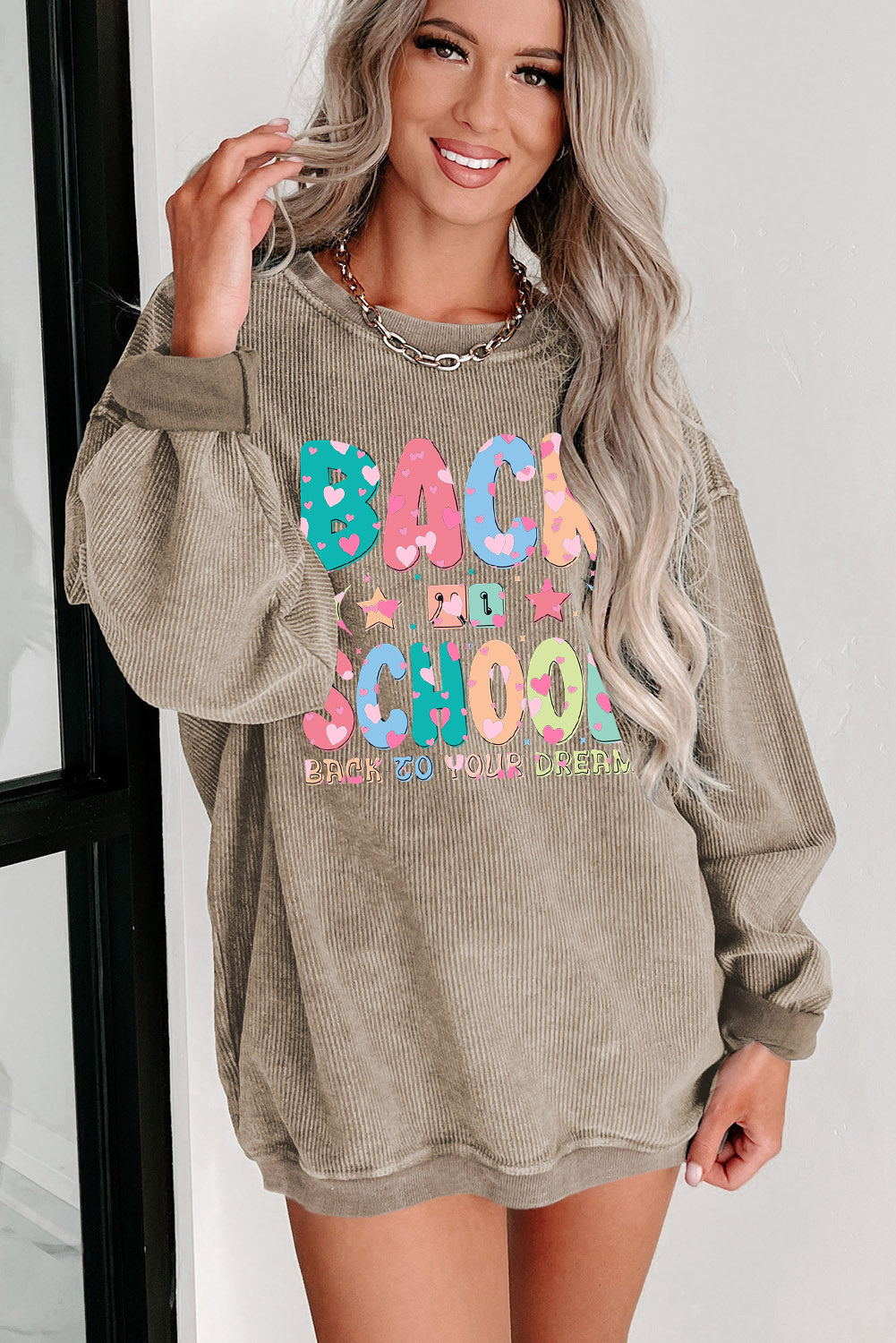 Round Neck Ribbed Sweatshirt with School Graphic Print