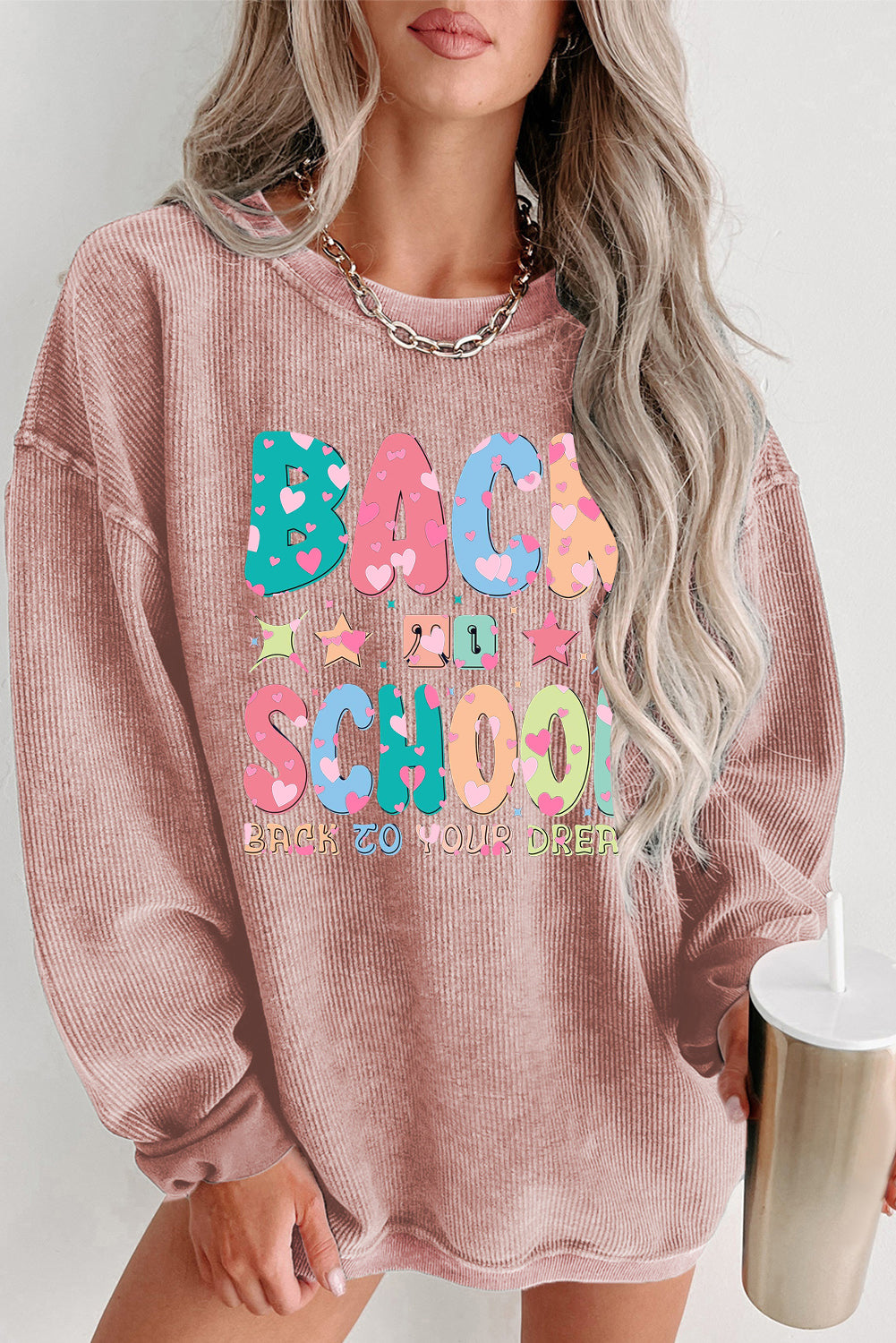 Round Neck Ribbed Sweatshirt with School Graphic Print