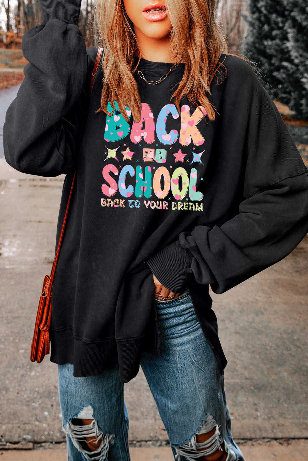 Drop Shoulder Crewneck Sweatshirt for School Season