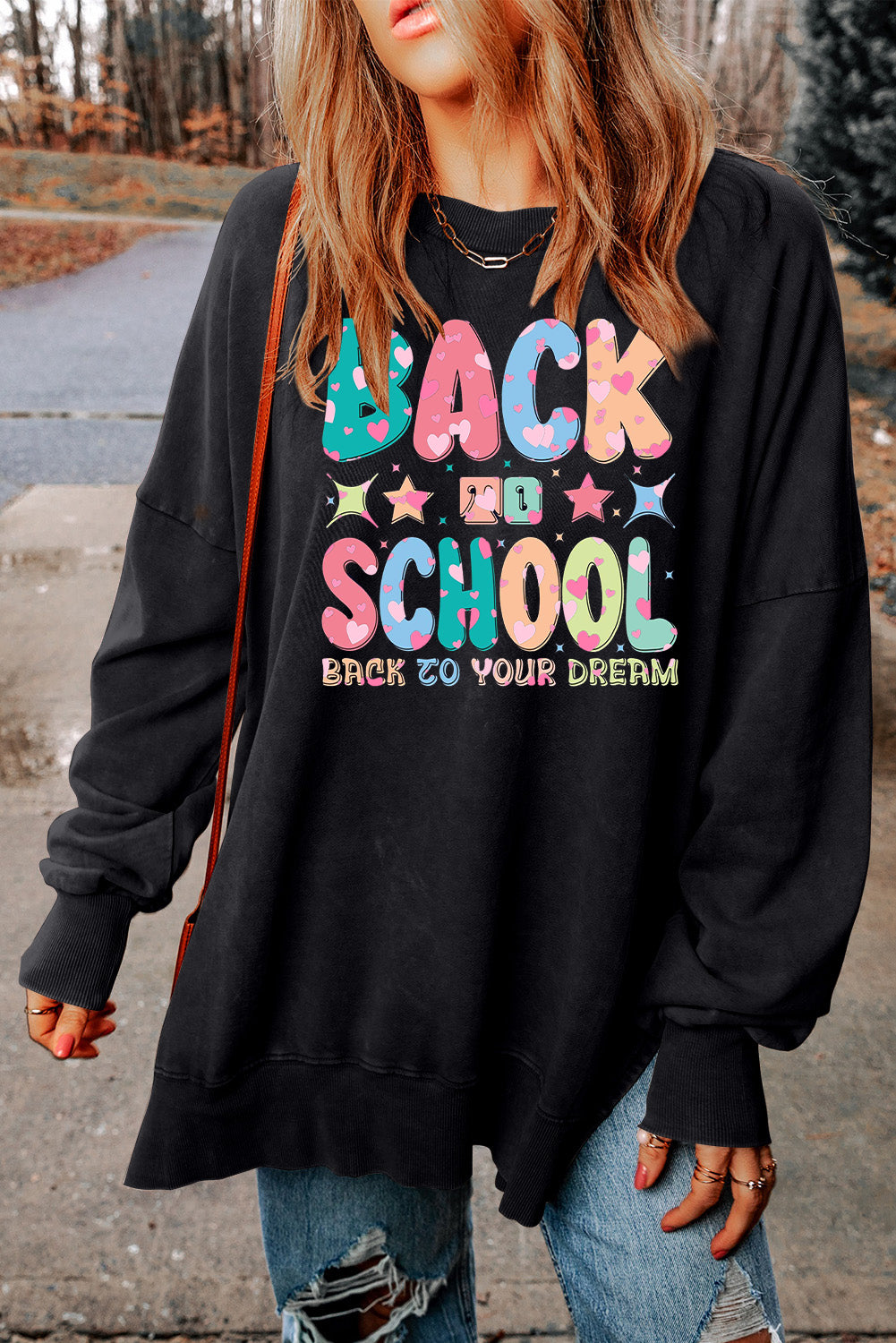 Drop Shoulder Crewneck Sweatshirt for School Season