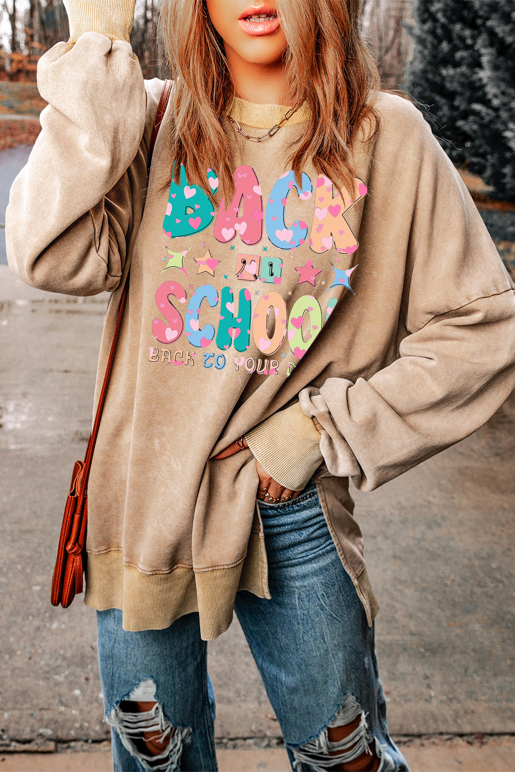 Drop Shoulder Crewneck Sweatshirt for School Season