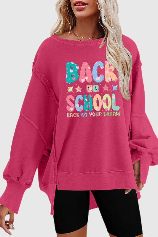 Hot Pink Drop Shoulder Pullover with School Print