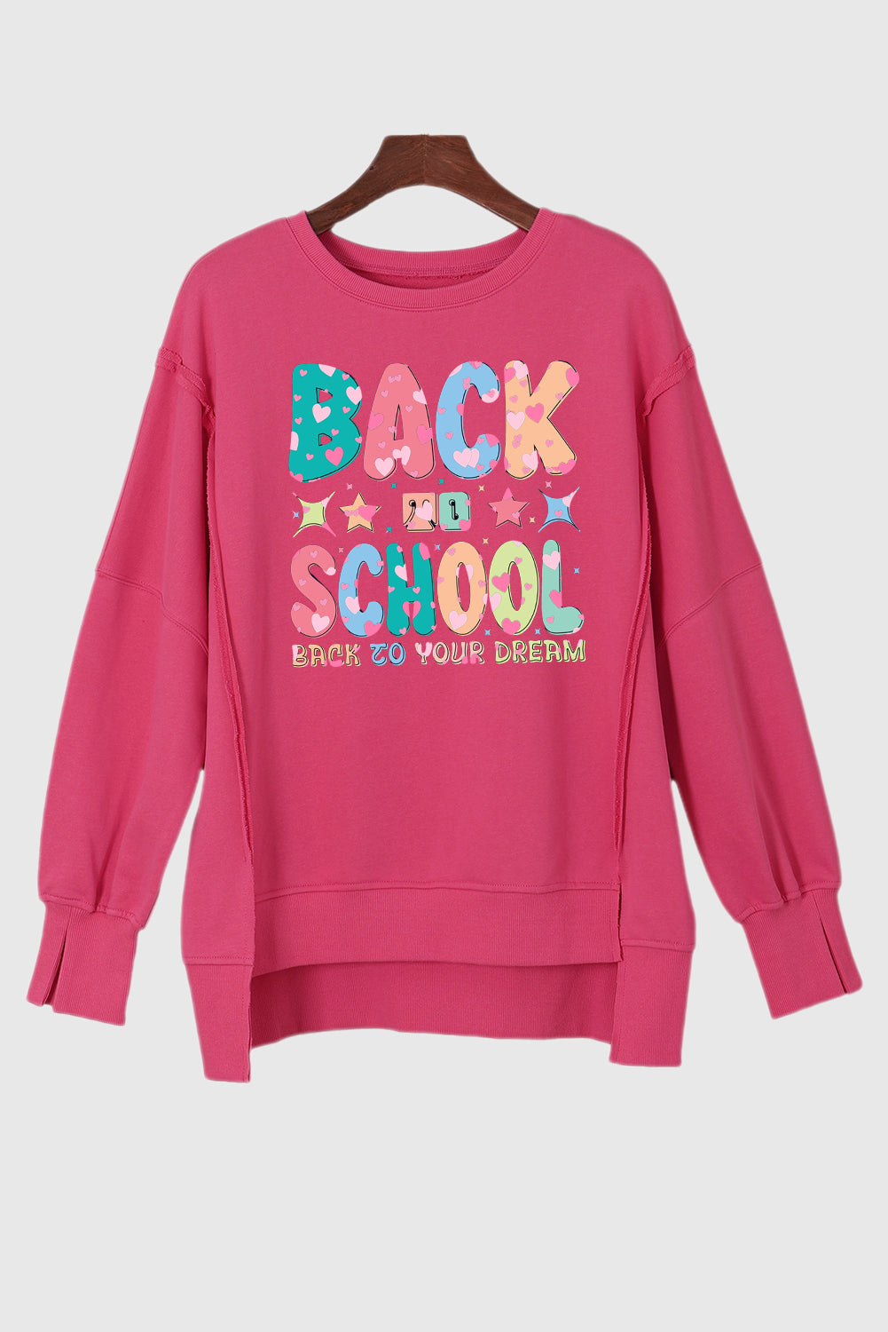 Hot Pink Drop Shoulder Pullover with School Print