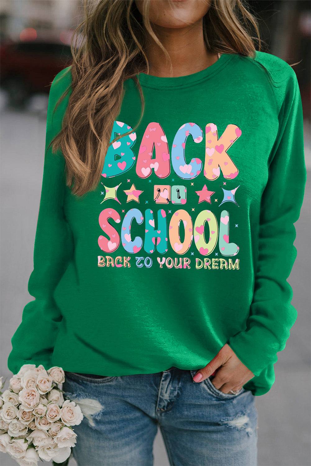 Classic Crewneck Pullover with Colorful School Print