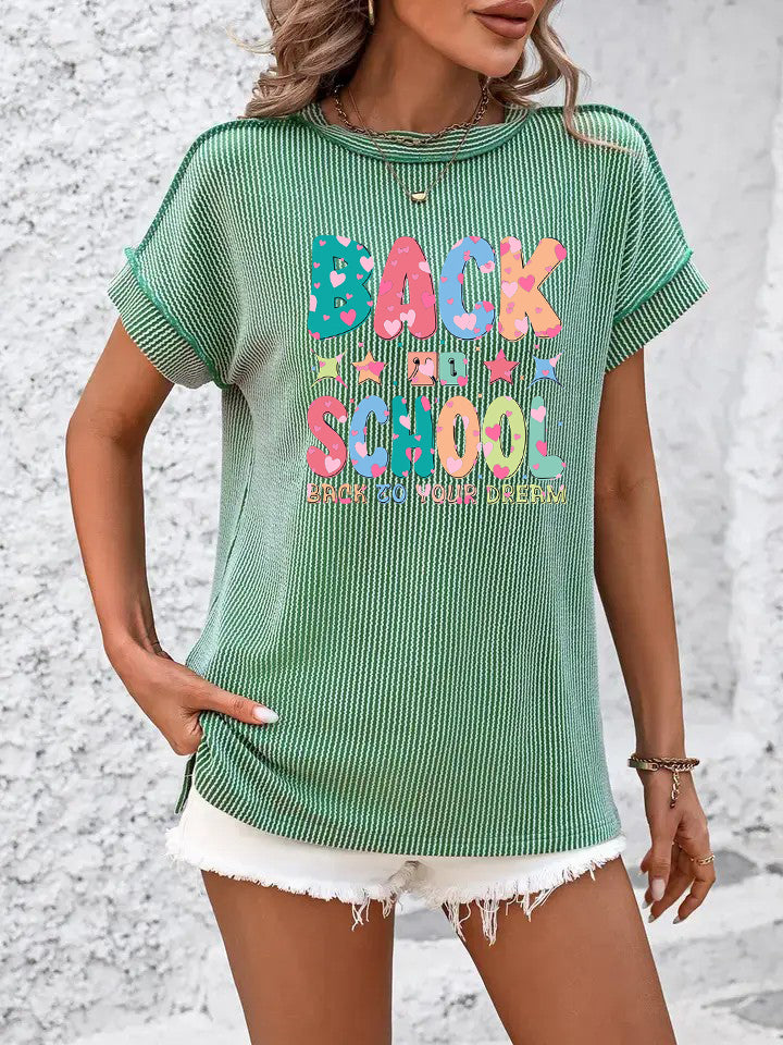 Back to School Letter Print Knit Top in Charcoal Gray