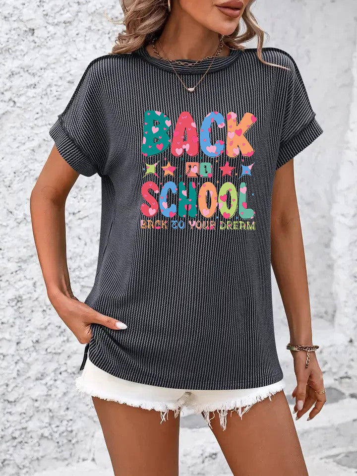 Back to School Letter Print Knit Top in Charcoal Gray