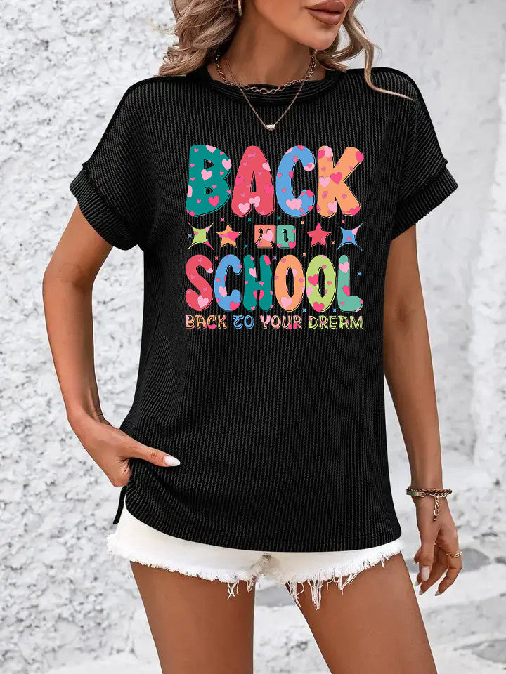 Back to School Letter Print Knit Top in Charcoal Gray