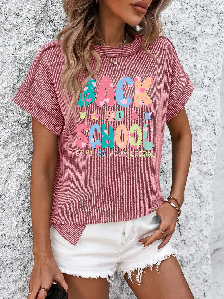 Back to School Letter Print Knit Top in Charcoal Gray