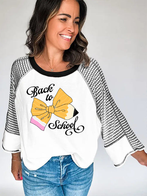 Striped Raglan Tee with Pencil and Bow School Print