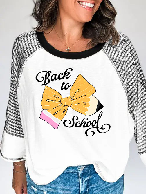 Striped Raglan Tee with Pencil and Bow School Print