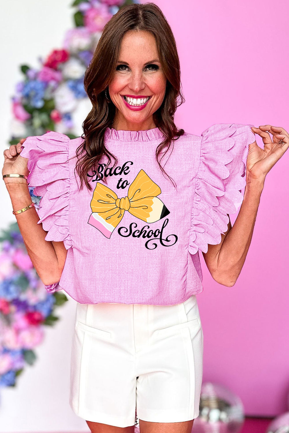 Ruffle Sleeve Back to School Top with Pencil Bow Print