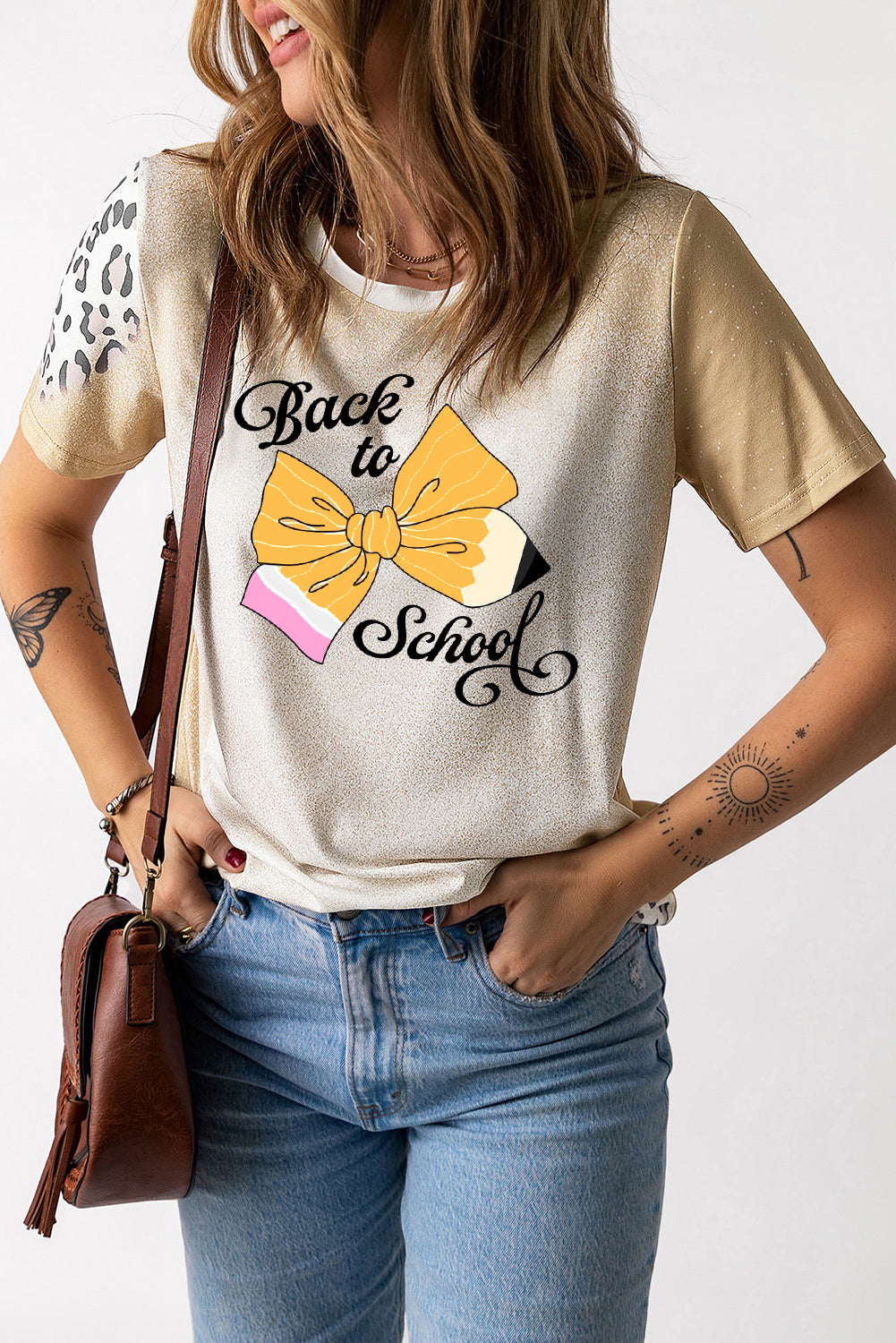 Casual Leopard Print Tee with Bow Pencil School Design