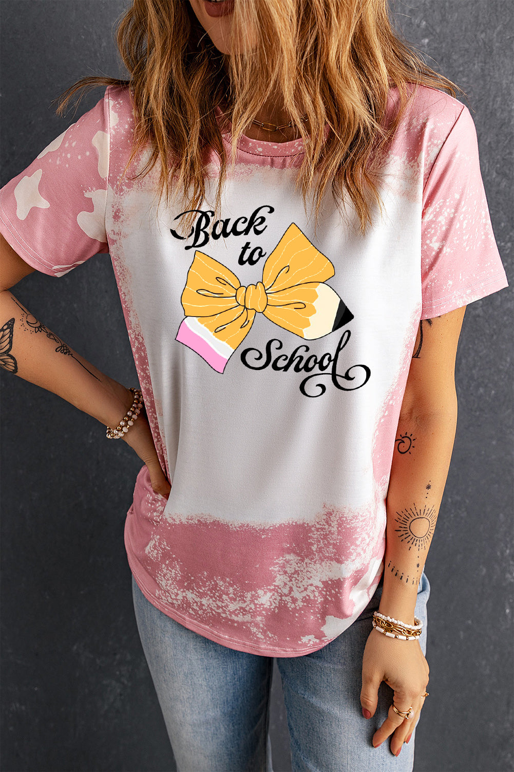 Tie Dye Back to School Tee with Bow Pencil Design