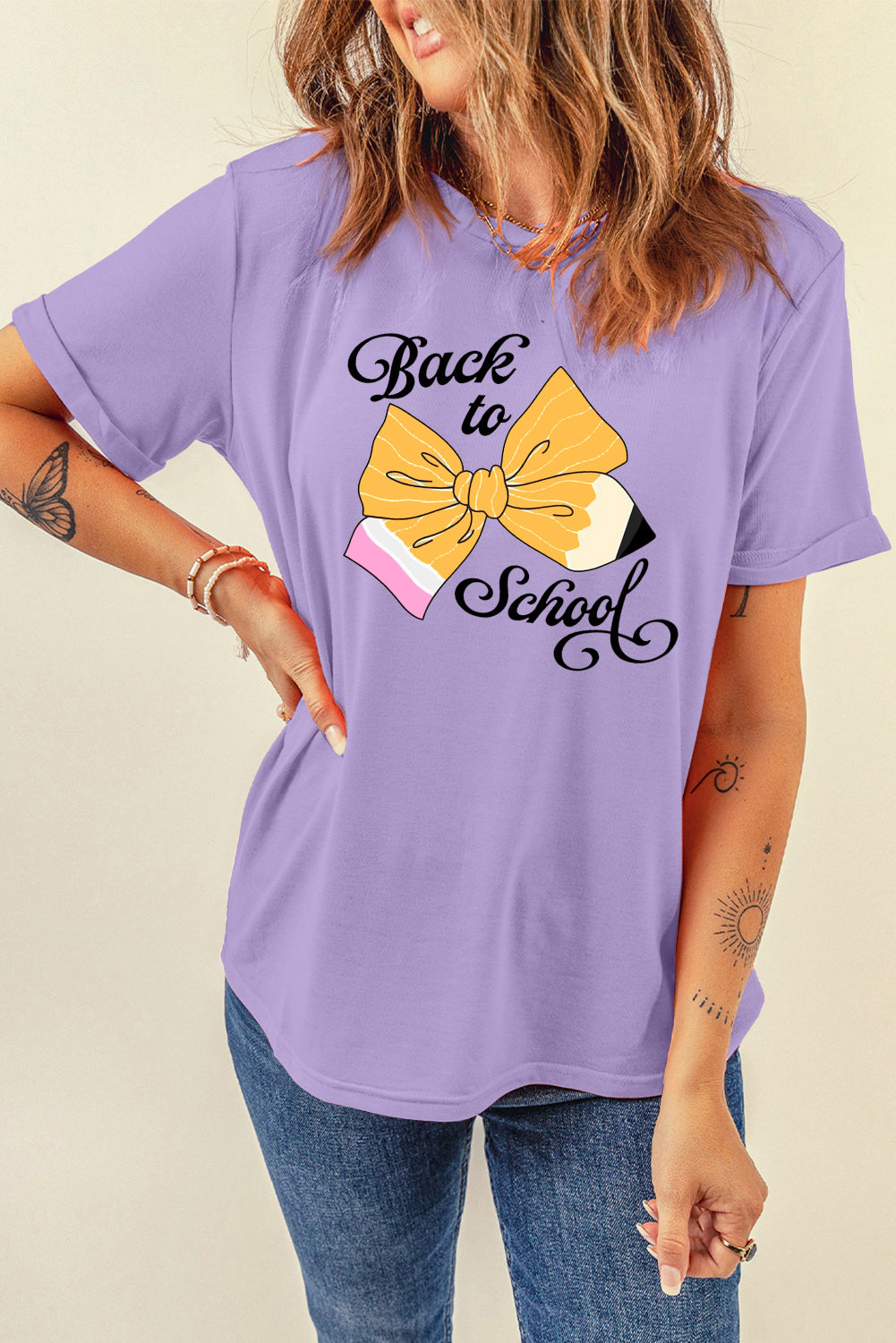 Back to School Letter Print T Shirt in Soft Lavender