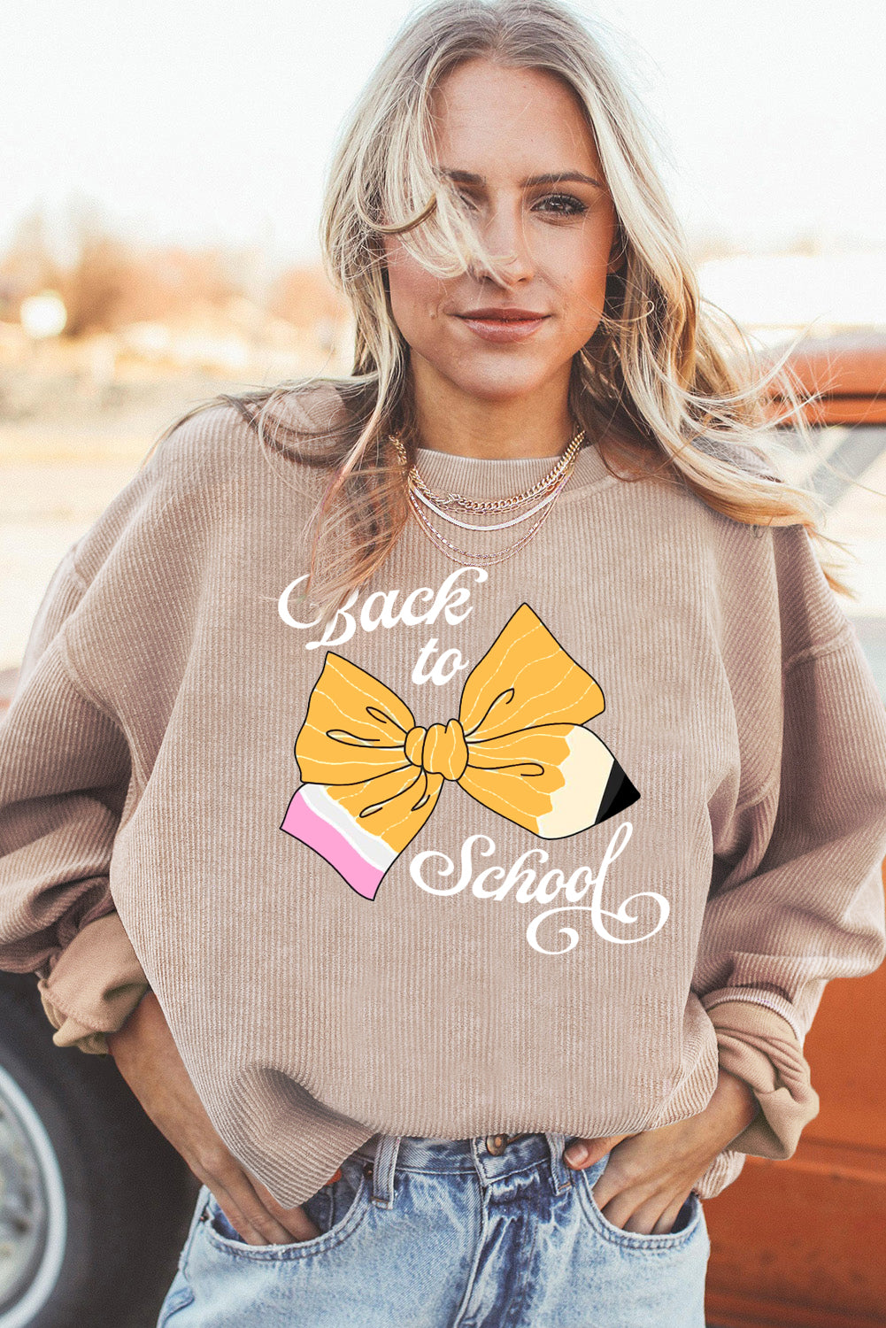 Beige Back to School Graphic Sweatshirt with Cozy Fit