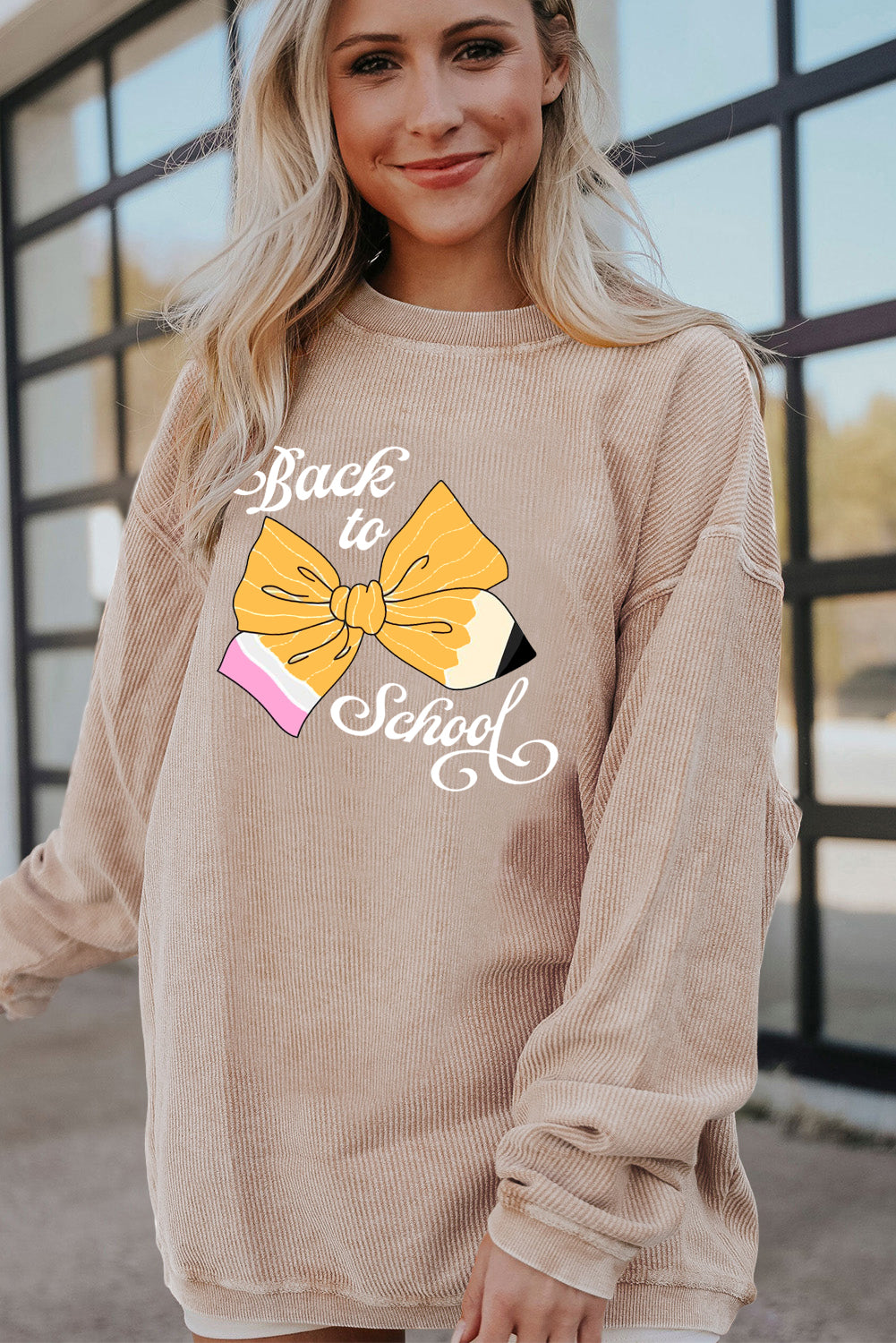 Beige Back to School Graphic Sweatshirt with Cozy Fit