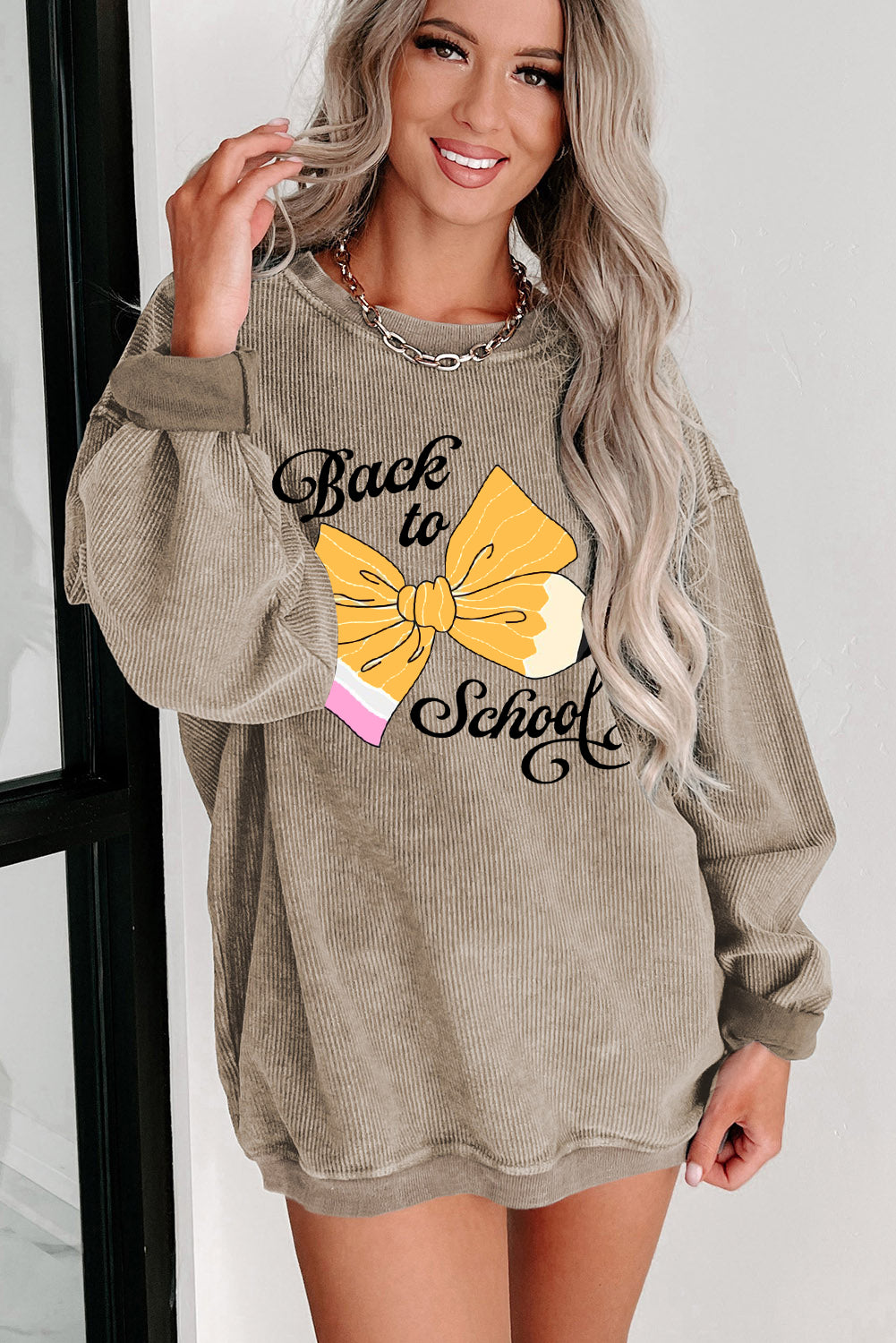 Olive Knit Teacher Sweatshirt with Pencil Bow Print