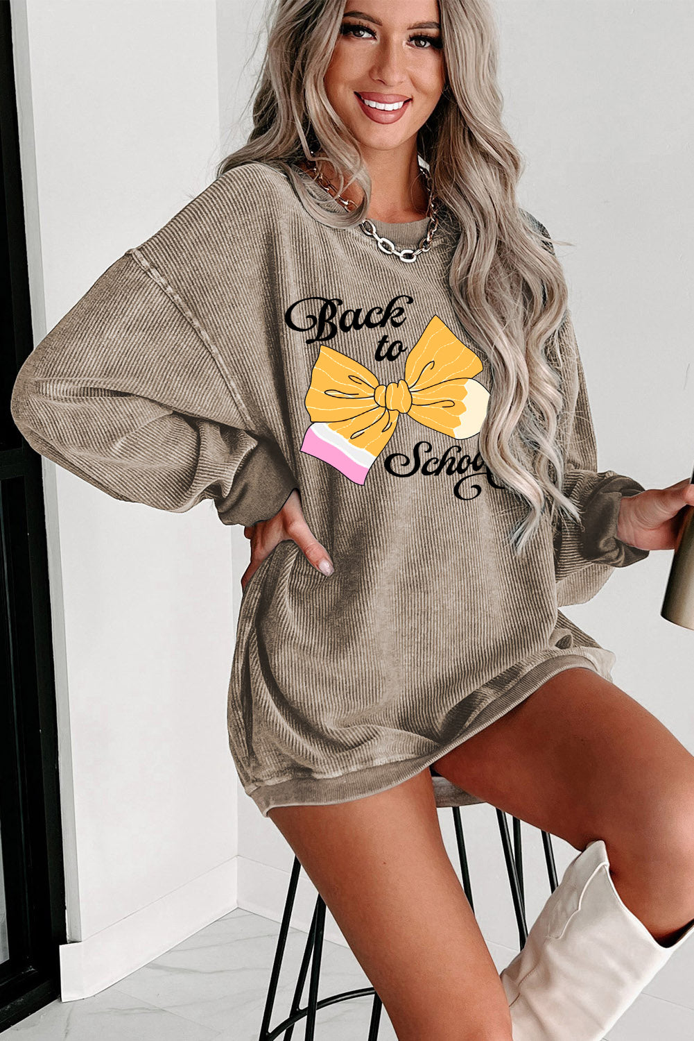 Olive Knit Teacher Sweatshirt with Pencil Bow Print