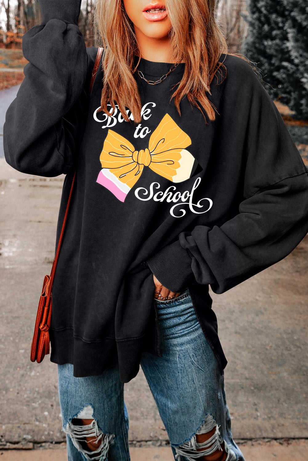 Oversized Teacher Sweatshirt with Pencil Bow Design
