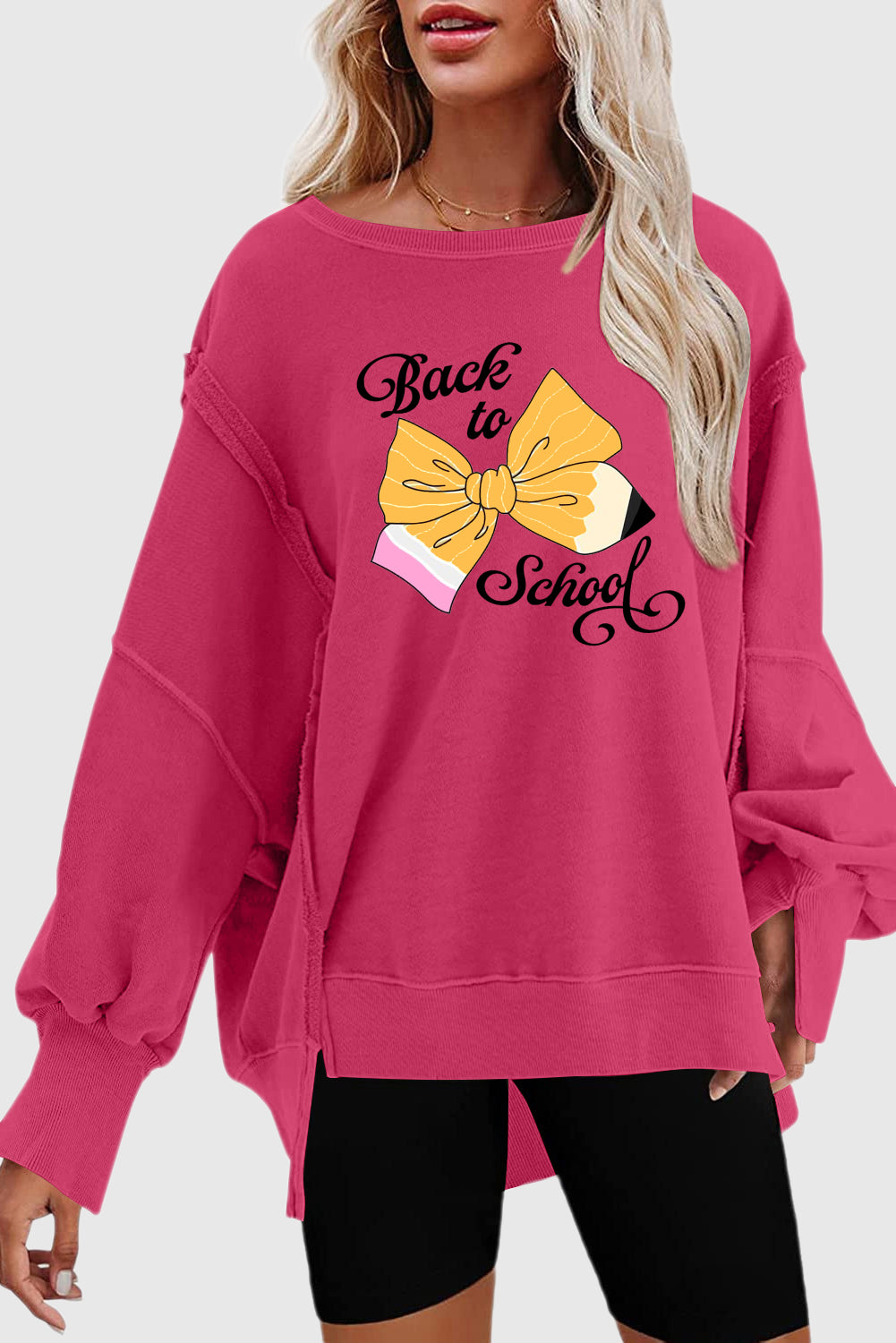 Exposed Seam Oversized Pullover with Pencil Bow Print