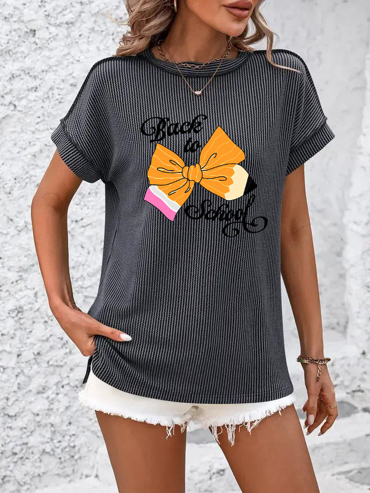 Ribbed Knit Back to School Tee with Pencil Bow Print