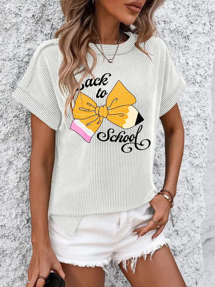Ribbed Knit Back to School Tee with Pencil Bow Print