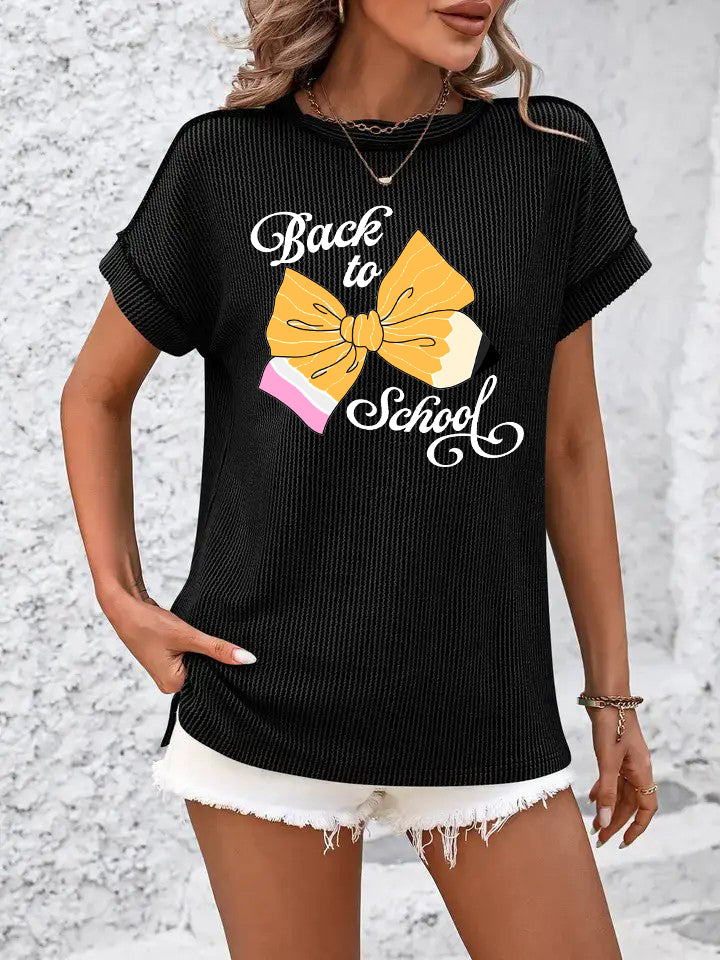 Ribbed Knit Back to School Tee with Pencil Bow Print