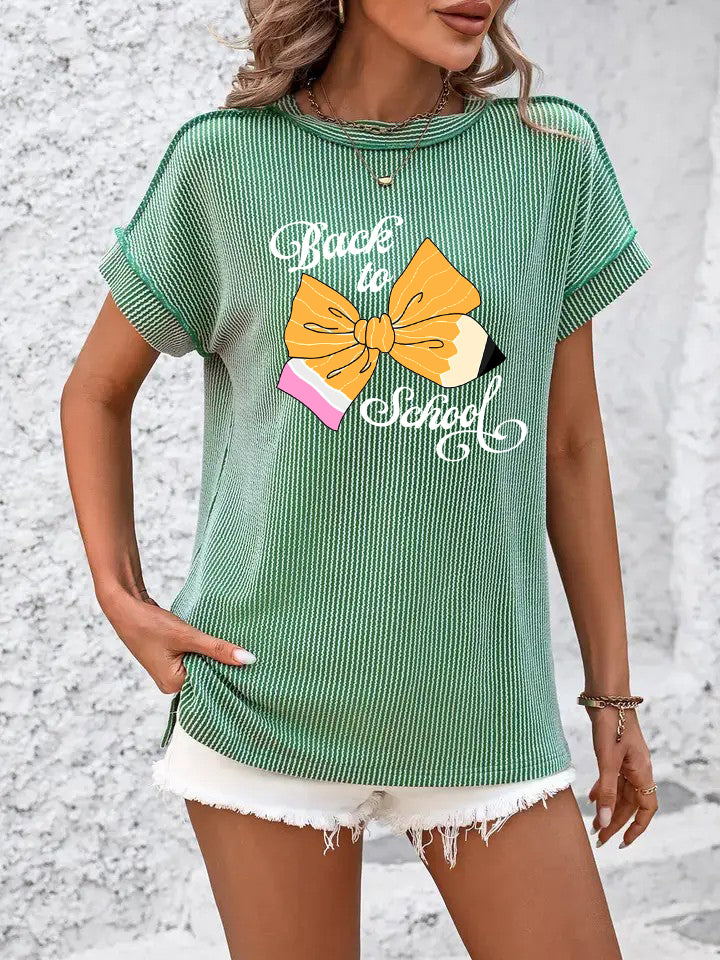 Ribbed Knit Back to School Tee with Pencil Bow Print