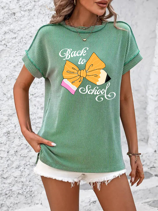 Ribbed Knit Back to School Tee with Pencil Bow Print