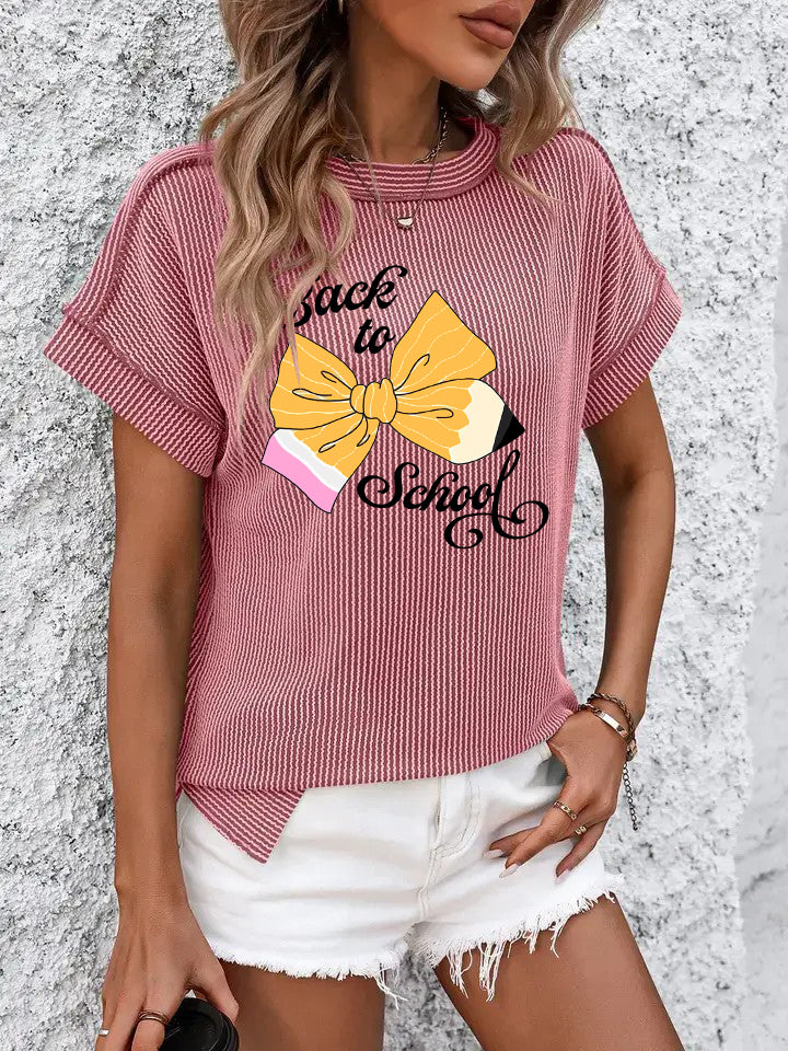 Ribbed Knit Back to School Tee with Pencil Bow Print