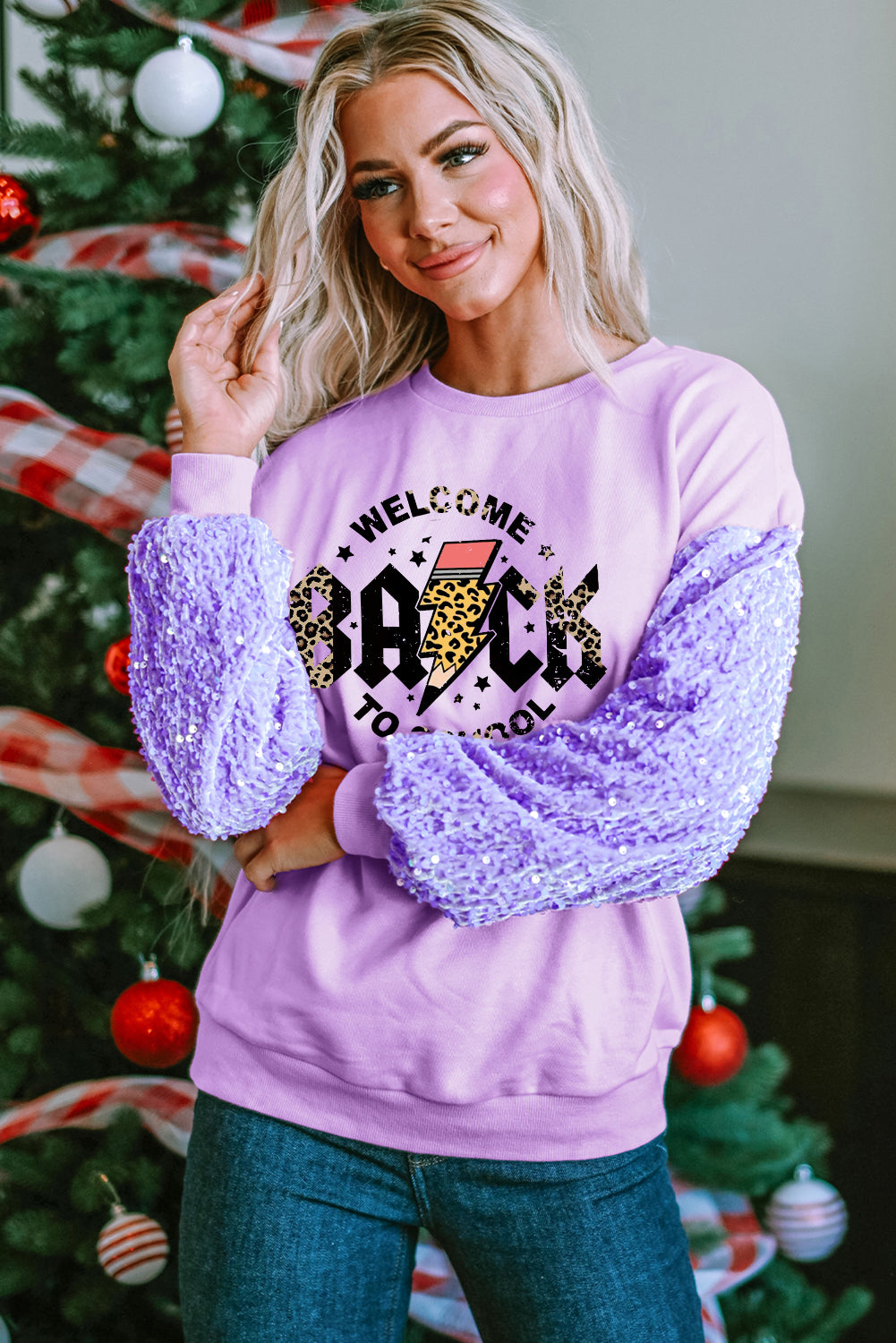 Long Sleeve Teacher Sweatshirt with Sequin Patchwork