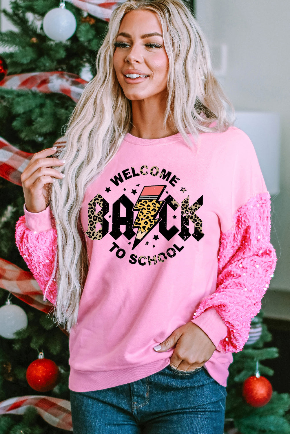 Long Sleeve Teacher Sweatshirt with Sequin Patchwork