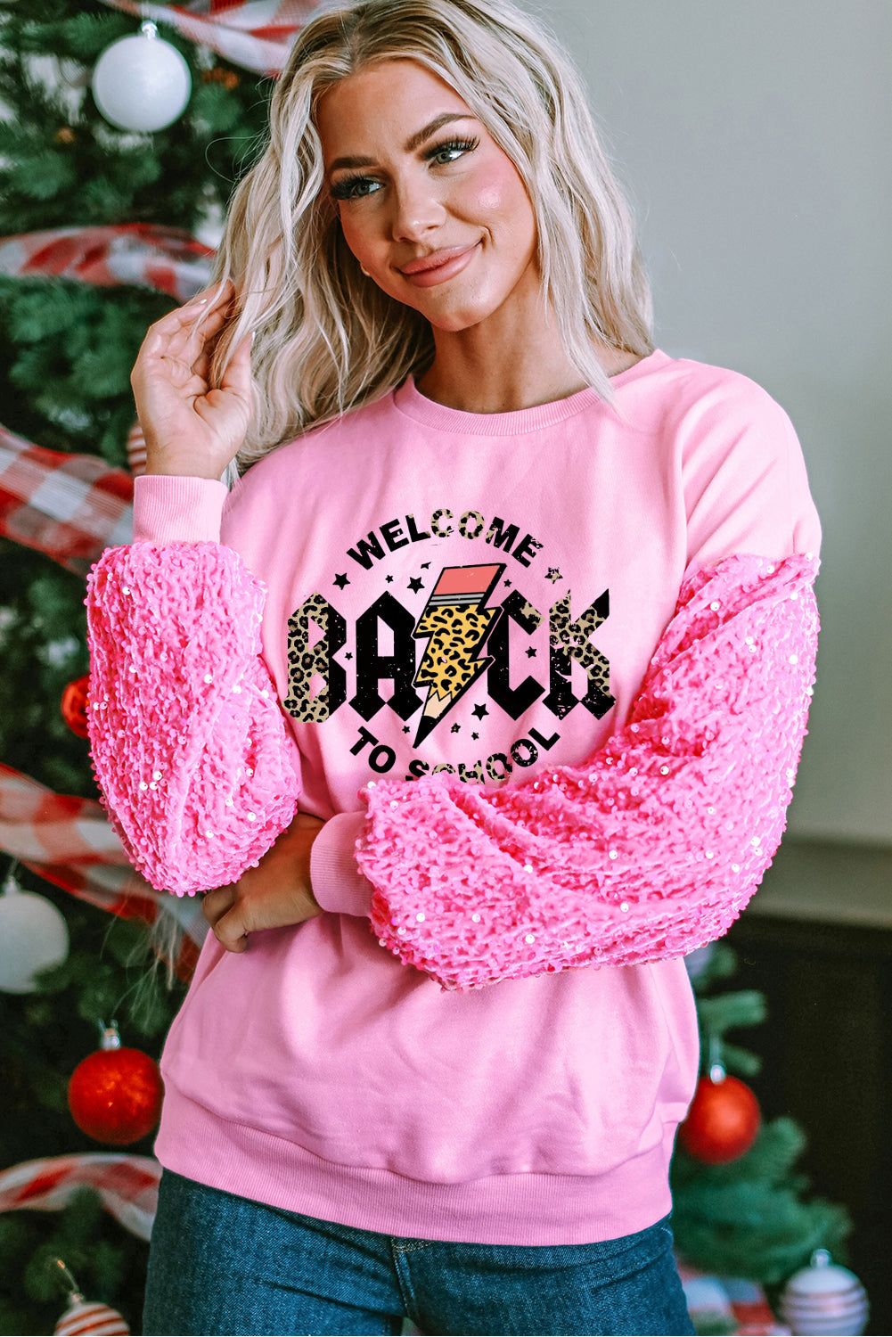 Long Sleeve Teacher Sweatshirt with Sequin Patchwork
