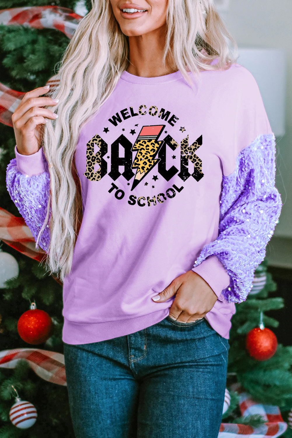 Long Sleeve Teacher Sweatshirt with Sequin Patchwork