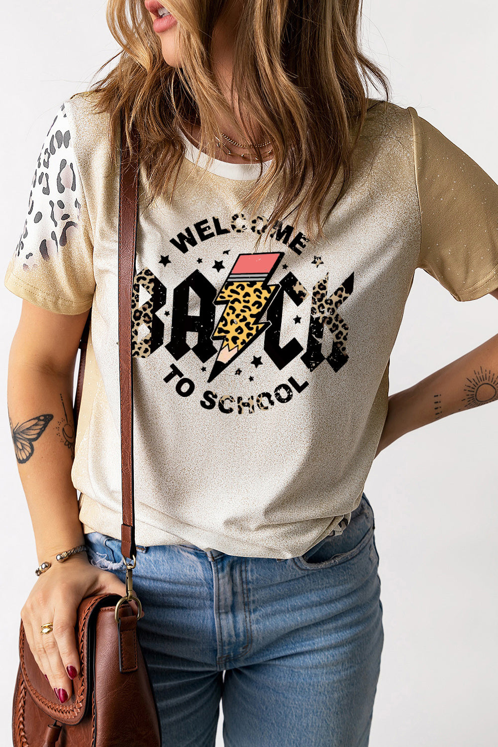 Bleached Lightning Graphic T Shirt with Leopard Print