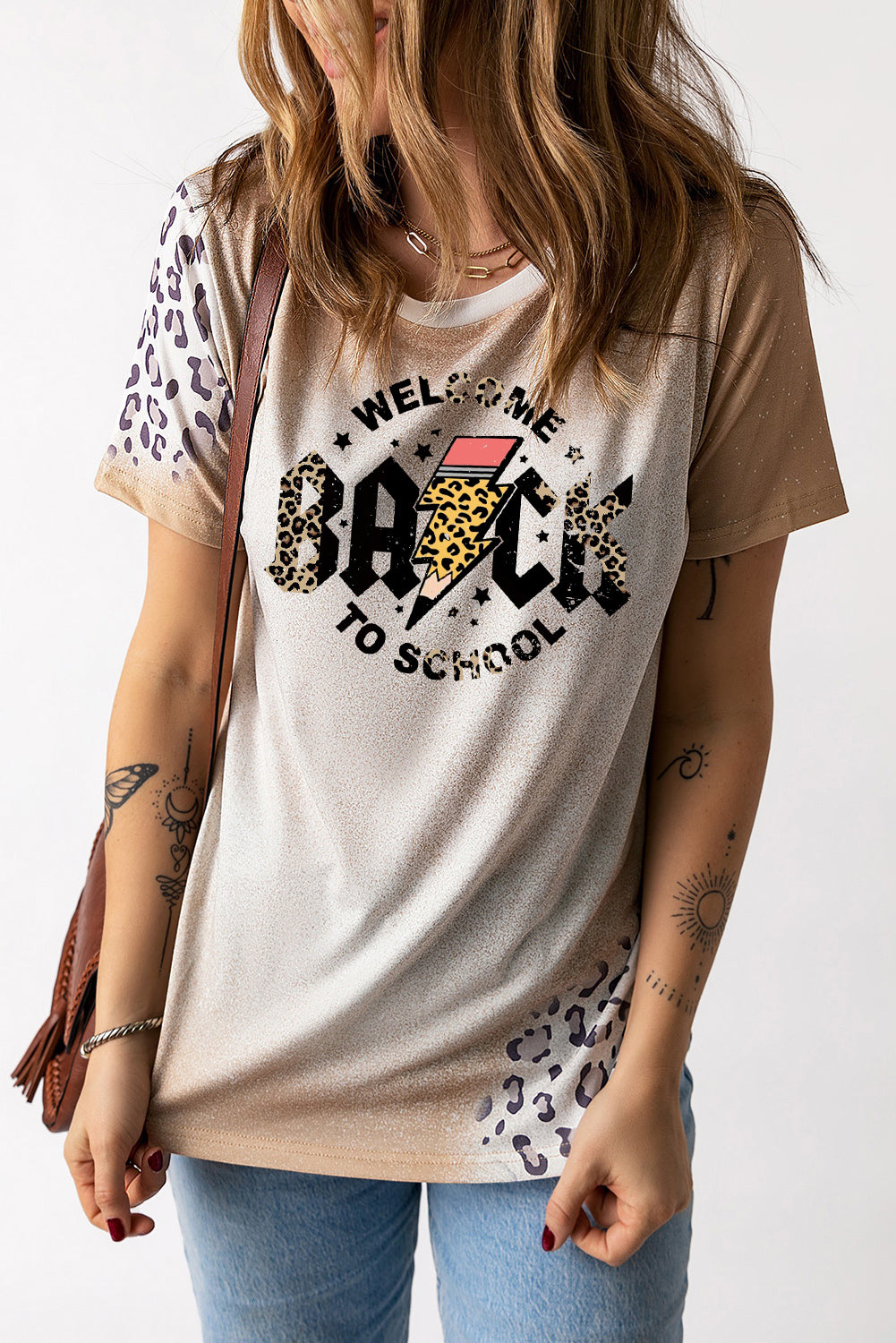 Bleached Lightning Graphic T Shirt with Leopard Print