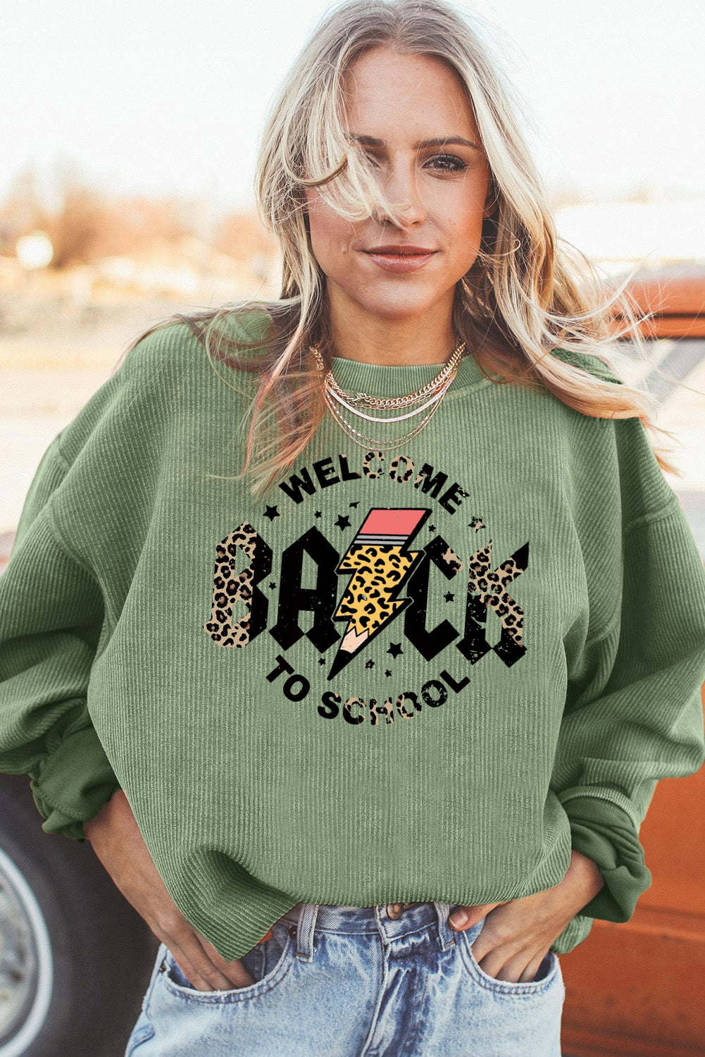 Ribbed Graphic Pullover with Leopard Bolt Back to School