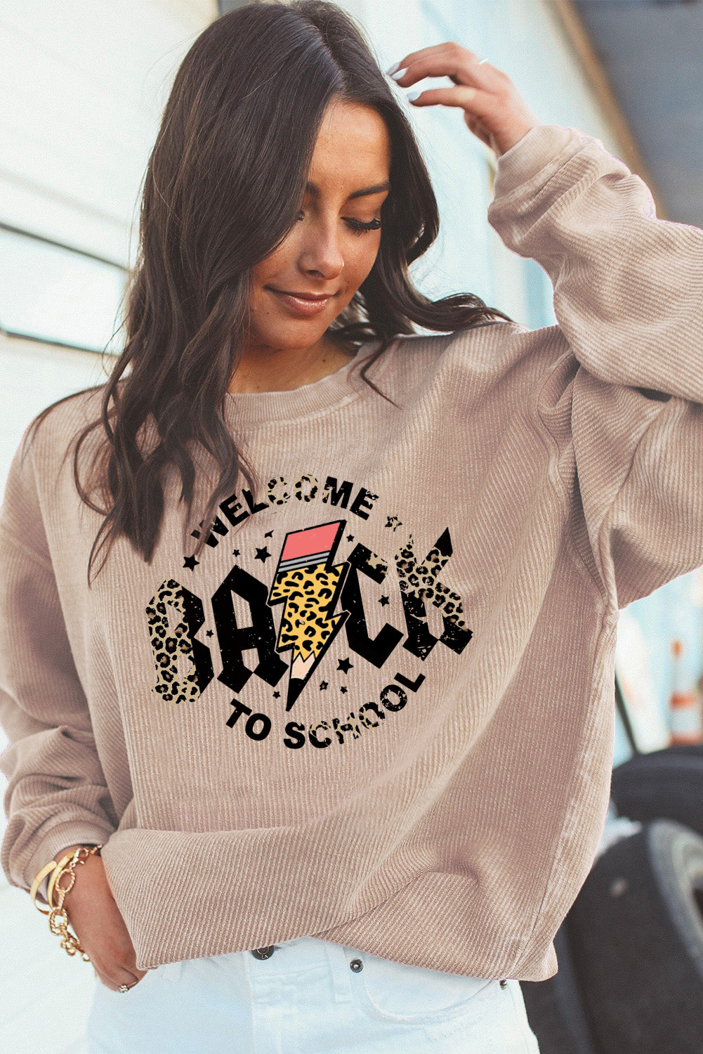Ribbed Graphic Pullover with Leopard Bolt Back to School