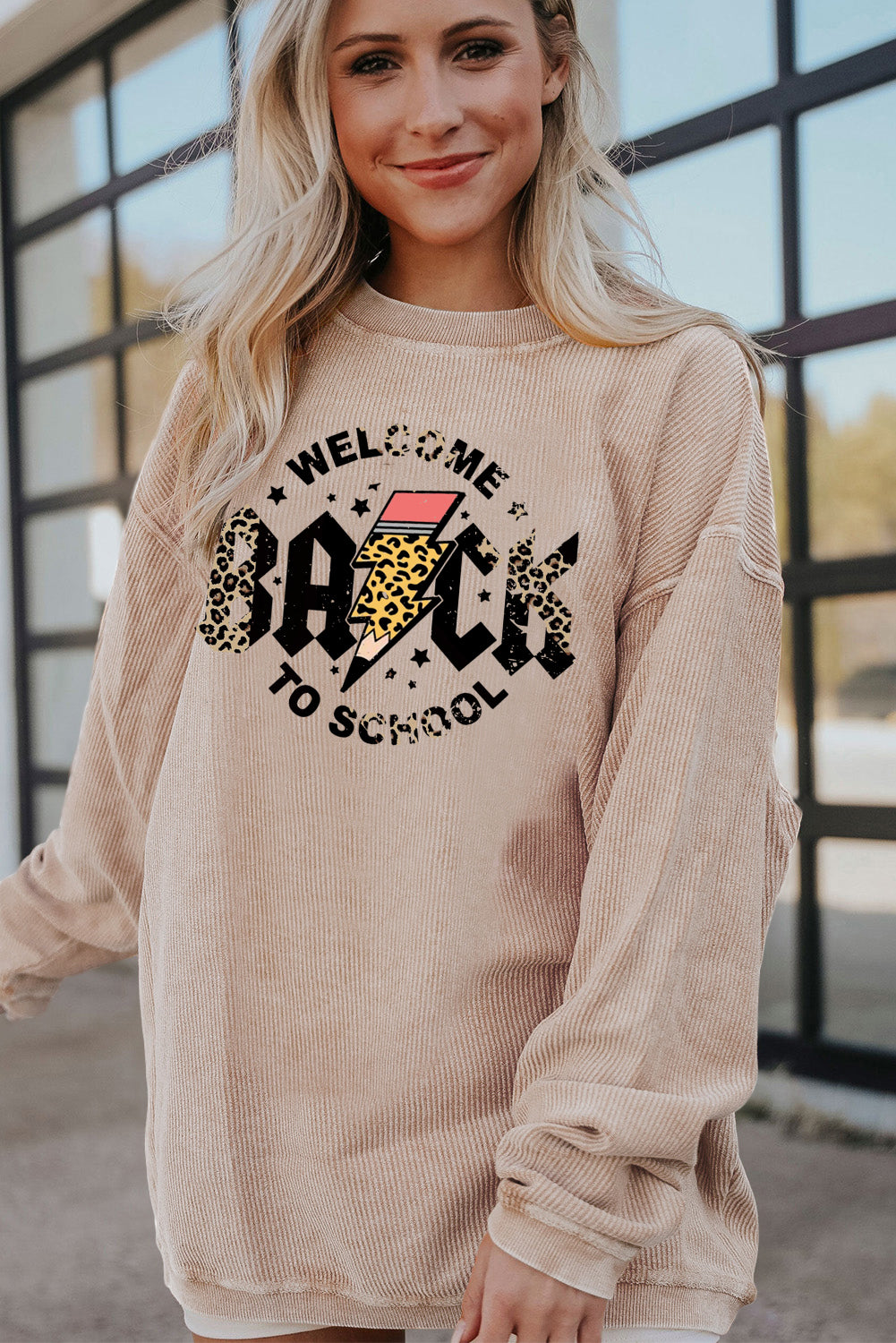 Ribbed Graphic Pullover with Leopard Bolt Back to School