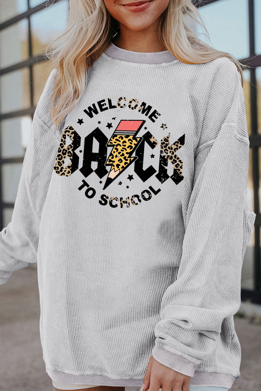 Ribbed Graphic Pullover with Leopard Bolt Back to School