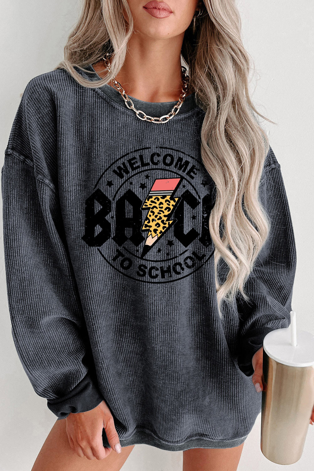 Ribbed Knit Back to School Lightning Graphic Sweatshirt