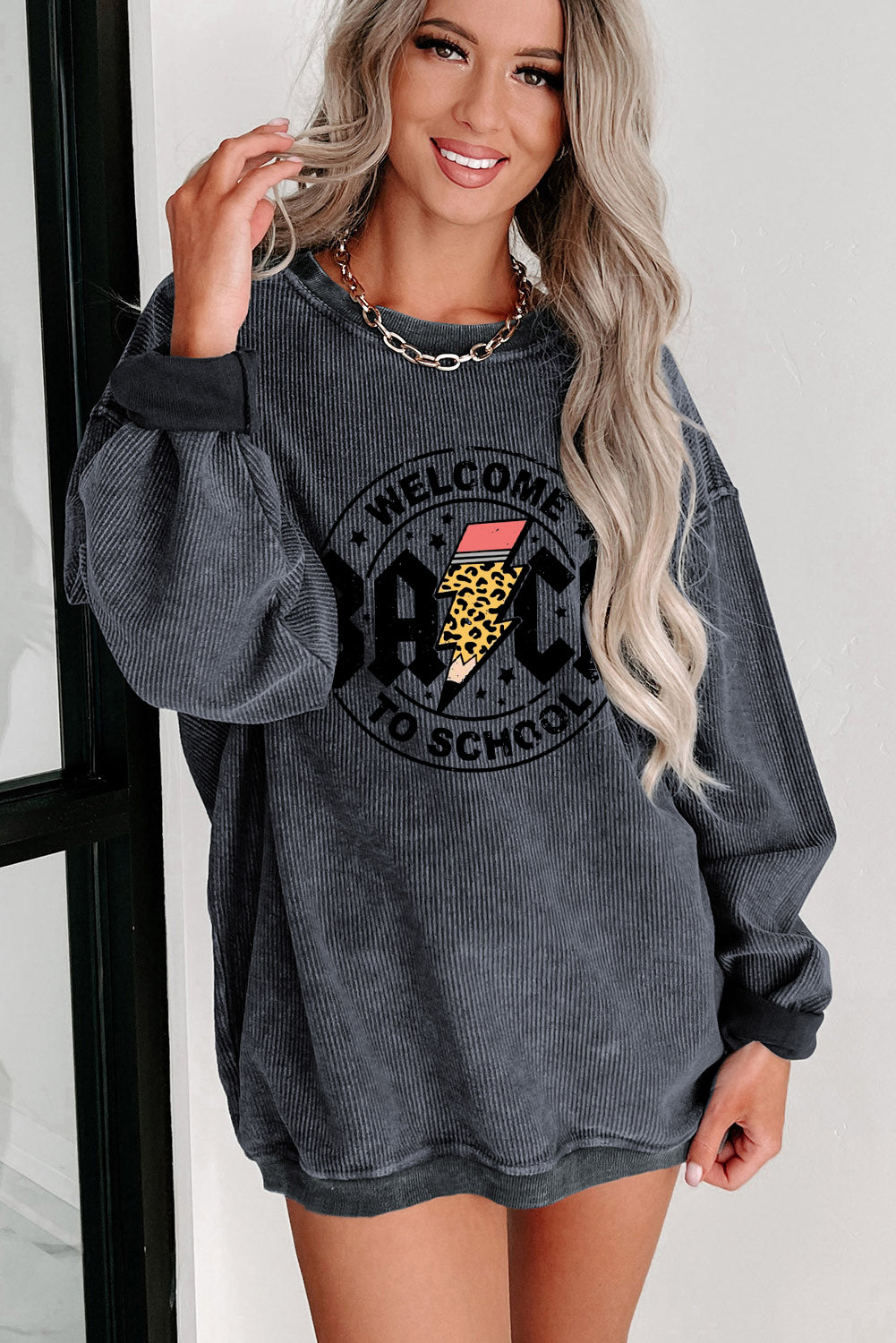 Ribbed Knit Back to School Lightning Graphic Sweatshirt