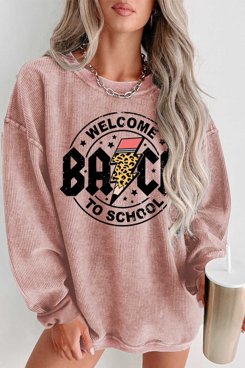 Ribbed Knit Back to School Lightning Graphic Sweatshirt