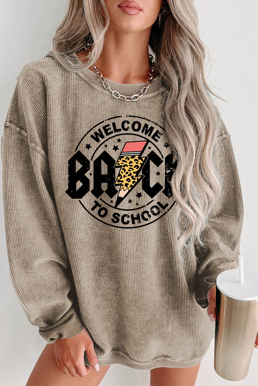 Ribbed Knit Back to School Lightning Graphic Sweatshirt
